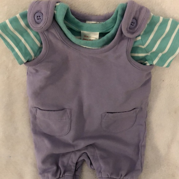 Hanna Andersson Baby Girl Cotton Soft Overalls & Knit Teal Shirt Size 60 0-3M - Picture 4 of 10
